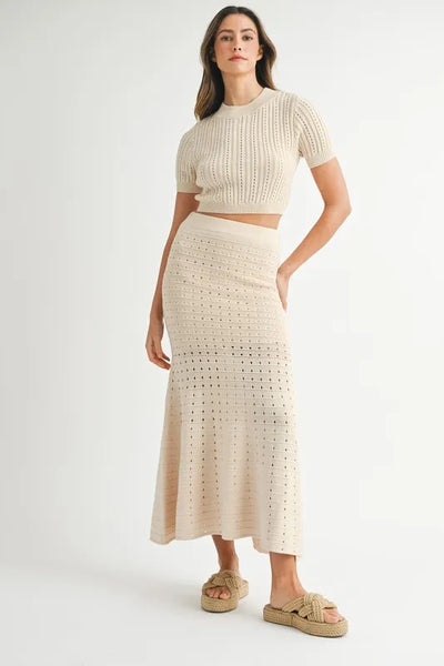 ONLINE EXCLUSIVE MABLE Pointelle Short Sleeve Crop Top and Slit Skirt Sweater Set