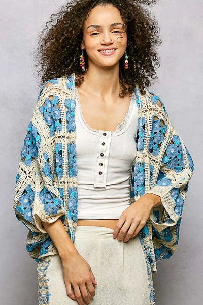 ONLINE EXCLUSIVE POL Open Front Floral Crochet Cardigan