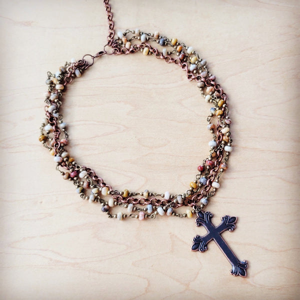 ONLINE EXCLUSIVE Natural Agate Beaded Collar Necklace w/ Cross Pendant 261d