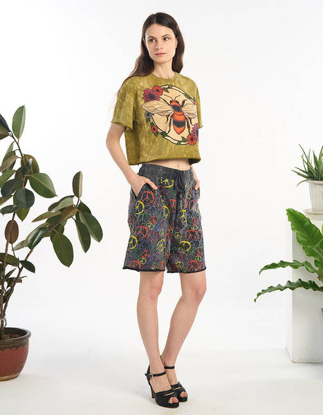 Retro print bee cotton crop top
