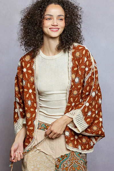 ONLINE EXCLUSIVE POL Open Front Floral Pattern Crochet Cardigan