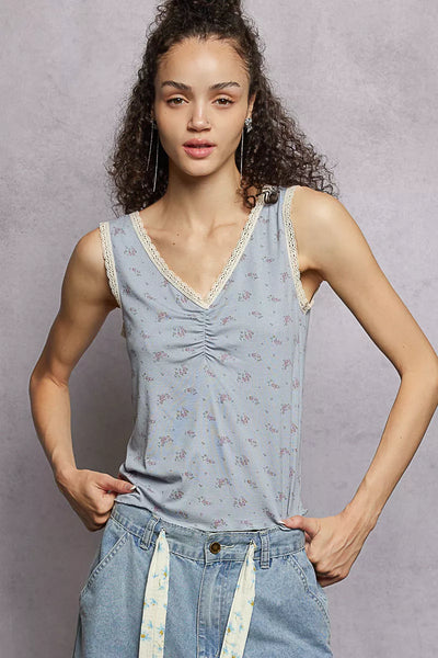 ONLINE EXCLUSIVE POL Ruched Floral V-Neck Tank with Lace Detail