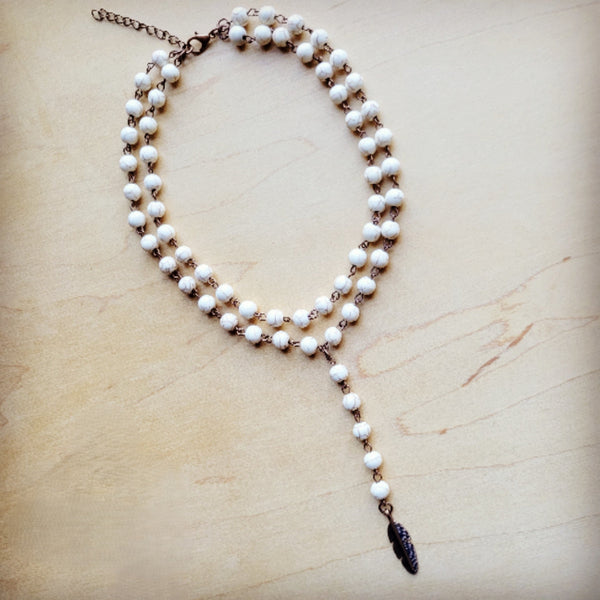 ONLINE EXCLUSIVE Double Strand Lariat White Turquoise Necklace w/ Copper Feather 259q