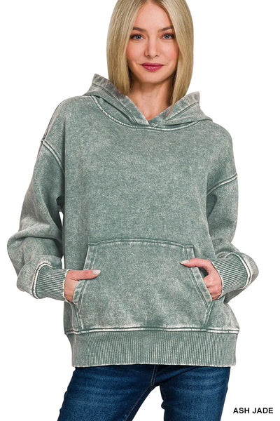 ONLINE EXCLUSIVE Zenana Fleece Acid Wash Kangaroo Pocket Hoodie