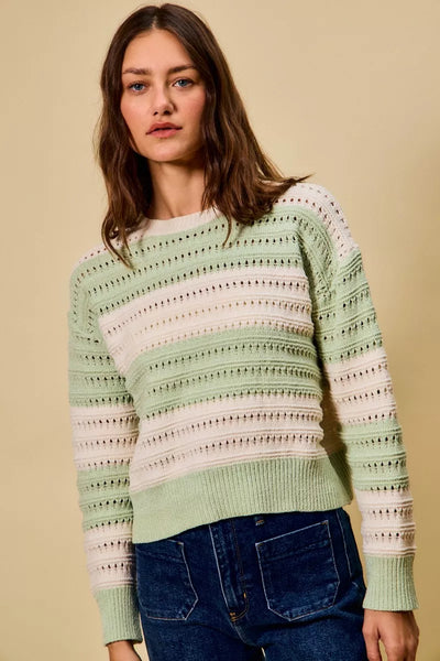 ONLINE EXCLUSIVE SO ME Openwork Round Neck Wide Stripe Textured Sweater