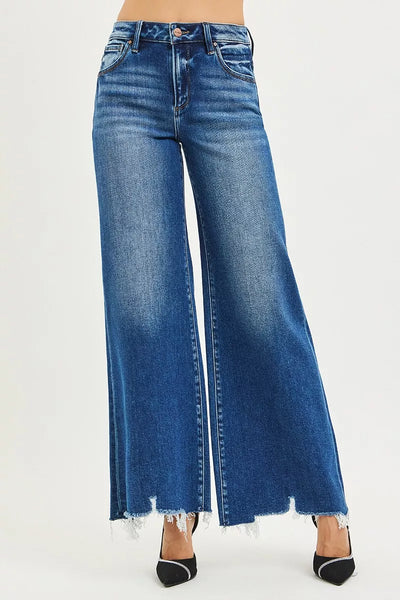 ONLINE EXCLUSIVE RISEN High Rise Wide Leg Jeans with Distressed Hem