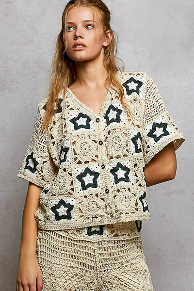 ONLINE EXCLUSIVE POL Button Front V-Neck Crochet Cardigan with Contast Star