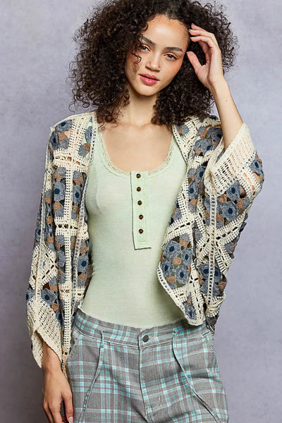 ONLINE EXCLUSIVE POL Open Front Floral Crochet Cardigan