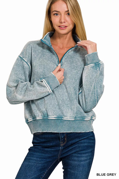 ONLINE EXCLUSIVE Zenana Acid Wash Fleece Half Zip Sweatshirt