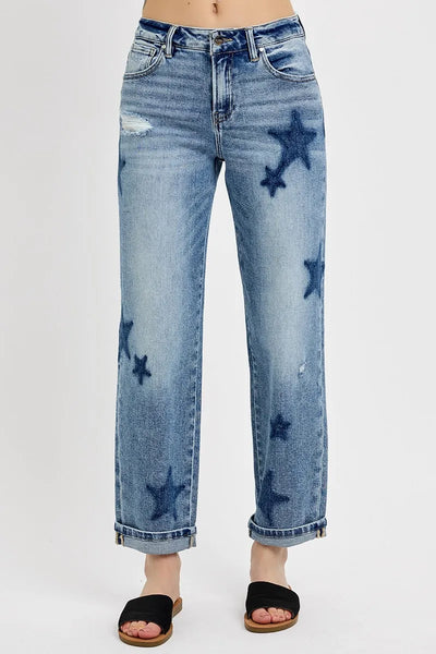 ONLINE EXCLUSIVE RISEN  Mid Rise Boyfriend Star Shadow Detail Cuffed Jeans