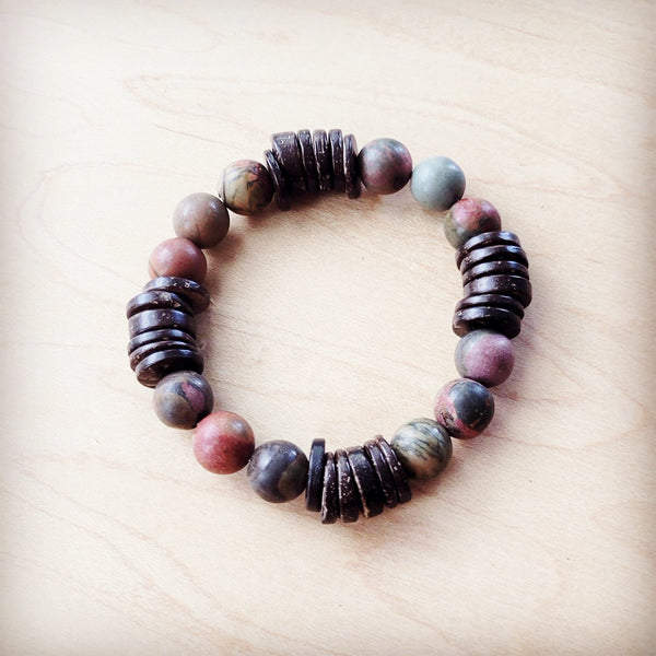 ONLINE EXCLUSIVE Genuine Picasso Jasper and Wood Stretch Bracelet 810p