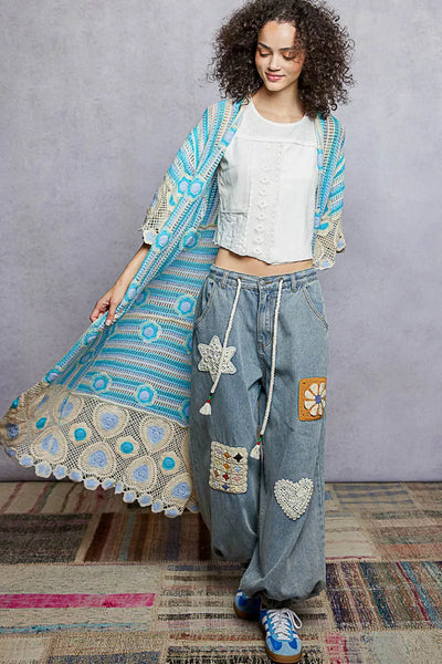 ONLINE EXCLUSIVE POL Striped and Floral Pattern Crochet Longline Cardigan