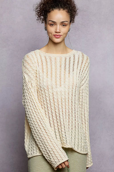 ONLINE EXCLUSIVE POL Openwork Round Neck Knit Top with Shiny Detail