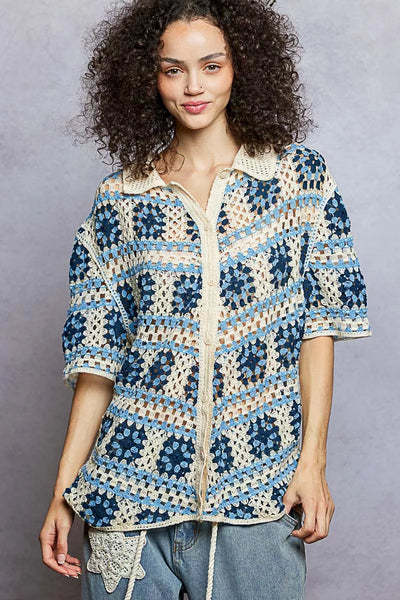 ONLINE EXCLUSIVE POL Openwork Short Sleeve Crochet Shirt with Border Accents