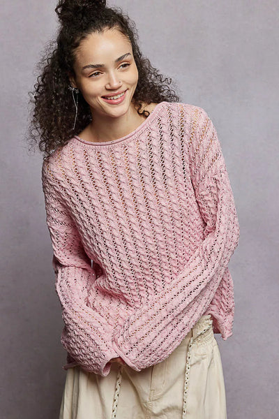 ONLINE EXCLUSIVE POL Openwork Round Neck Knit Top with Shiny Detail