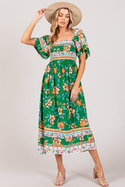 ONLINE EXCLUSIVE SAGE + FIG Printed Smocked Short Sleeve Midi Dress