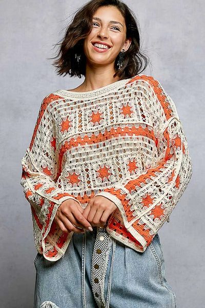 ONLINE EXCLUSIVE POL Boat Neck Long Sleeve Crochet Top with Granny Square Weaving