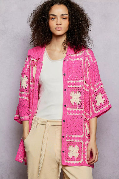 ONLINE EXCLUSIVE POL Button Down Openwork Floral Crochet Shirt with Granny Square Pattern