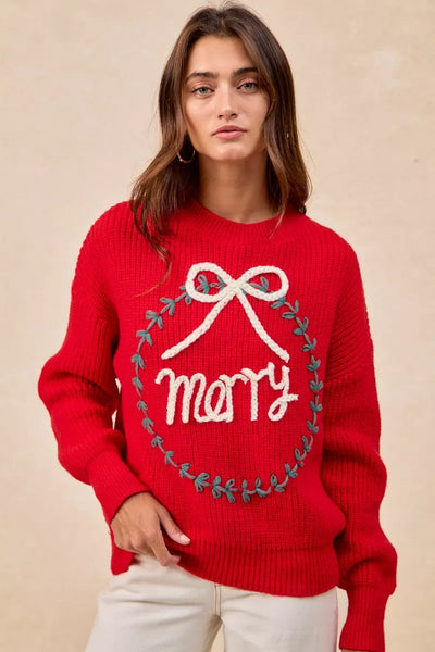 ONLINE EXCLUSIVE BiBi Christmas Wreath Merry Letter Knit Top