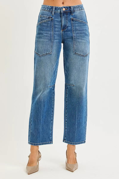 ONLINE EXCLUSIVE RISEN 4 Way Stretch Mid Rise Barrel Jeans with Patch Pocket Detail